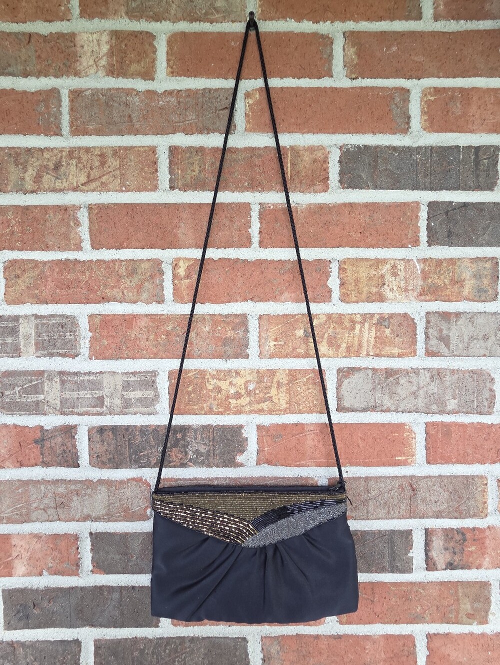 Vintage Delill Hand Beaded Black Evening Clutch with Gold and Silver Accents